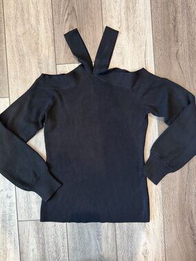 Boston Proper- Classic Black Off-the-Shoulder Cold-Shoulder Knit Sweater